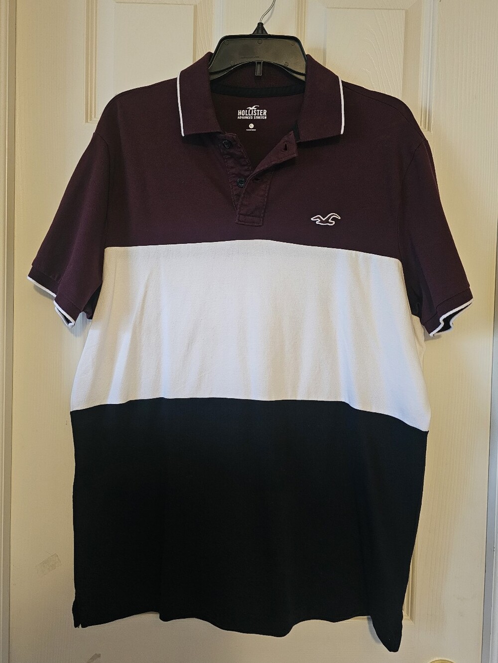 NEW! Hollister Mens Advanced Stretch  Colorblock Polo Burgundy/White/Black SZ XL
